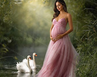 Green Summer Forest Digital Backdrop, Lake & Swans. Nature Landscape Photography For Seniors, Maternity, Sweet 16, Kids and Pets.