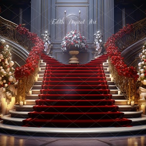 May include: A grand staircase with a red carpet runner, decorated with Christmas greenery and ornaments. The staircase is in a large, ornate room with gold railings and white walls. The text "Edith Digital Art" is visible at the top of the image.
