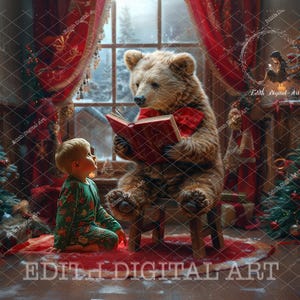 Photographie numérique de toile de fond de Noël, ours en peluche à la fenêtre de la chambre de Noël, composite de fond fantastique, vacances, portraits d'enfants