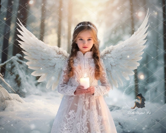 天使の羽根の背景、クリスマスのデジタル背景、冬の森の羽根