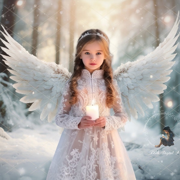 Angel Wings Backdrop, Christmas Digital Backdrop, Wings On Winter Forest, Fantasfy Bacgrounds For Maternity, Kids or Pets. Free Snow Overlay