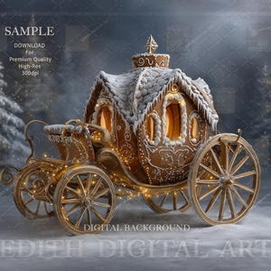 Magical Christmas Gingerbread Carriage, Printable Winter Wonderland Backdrop, Holiday Portrait Photo Studio Template, Outdoor Photoshoot