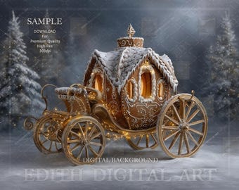 Magical Christmas Gingerbread Carriage, Printable Winter Wonderland Backdrop, Holiday Portrait Photo Studio Template, Outdoor Photoshoot