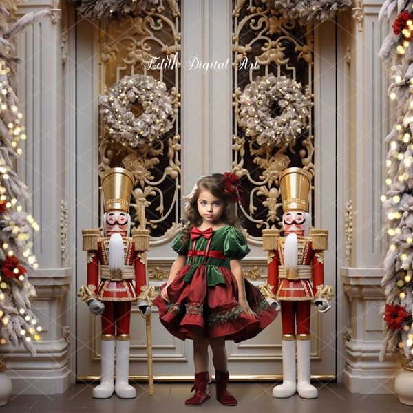 Nutcracker Backdrop Digital, Christmas Digital Background, Luxury Christmas Door For Portraits, Christmas Template For Family, Kids or Pets.