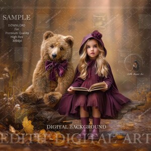 May include: A young girl in a burgundy dress and hooded cape sits reading a book next to a large teddy bear with a purple bow. The scene is set outdoors with autumn leaves and a soft, warm color palette. The image has the text "SAMPLE" and "EDITH DIGITAL ART".