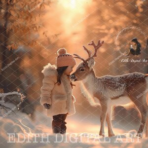 Cerf, toile de fond numérique, neige, hiver, bois, fond numérique, photographie de Noël, forêt enneigée, cerf composite. + Enneigement gratuit