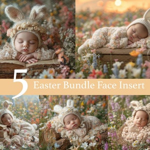 May include: Five digital face insert images for a baby wearing a bunny costume in a field of flowers. The baby is sleeping in different poses, including on a book, in a basket, and on a wooden box. The images are perfect for adding a baby's face to a digital background.