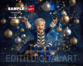 Christmas Digital Backdrop Photography Composites. Festive Blue and Gold Christmas Gift Box Photo Background For Kids or Pets. Downloadable