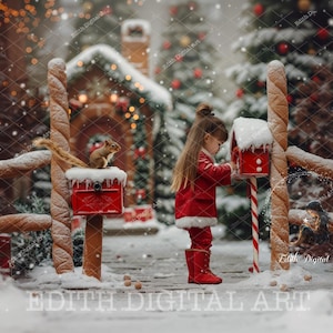 Fondo de fotografía digital del buzón de Papá Noel, valla de jengibre, fondo de fantasía, bosque de árboles de Navidad nevados, enviar carta a Papá Noel.