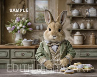 Easter Digital Backdrop, Elegant Rabbit In Vintage Kitchen, Chef Bunny Baking Cookies, Backdrop Fun Photo Composite For Kids.