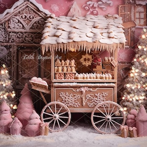 ジンジャーブレッドのデジタル背景、クリスマスのデジタル背景、子供、幼児、ペット向けのピンクのジンジャーブレッドカートショップの写真オーバーレイ