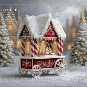 赤いクリスマスジンジャーブレッドカートのデジタル背景、キャンディスタンド、雪の降る冬のワンダーランドの風景、ホリデースタジオの写真撮影の背景のダウンロード
