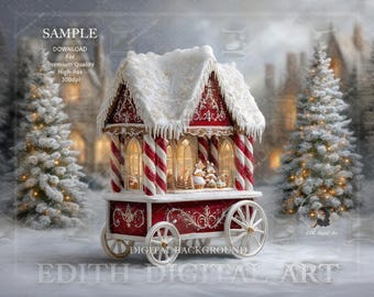Red Christmas Gingerbread Cart Digital Backdrop, Candy Stand, Snowy Winter Wonderland Scene, Holiday Studio Photography Background Download