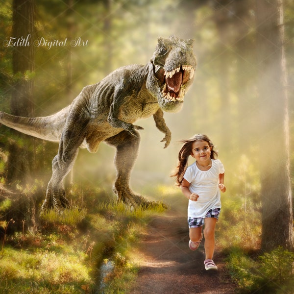 Dinosaur Digital Background, Scary Dino, T-Rex, Tyrannosaurus Rex Backdrop for Kids Photography , Jurassic Forest,  Photoshop Composite.