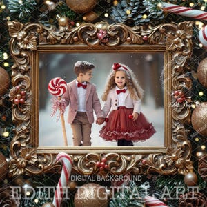 May include: A gold ornate picture frame with a white background and a photo of two children in winter clothing. The children are holding candy canes and standing in front of a snowy background. The frame is surrounded by Christmas decorations, including candy canes, ornaments, and pine branches.