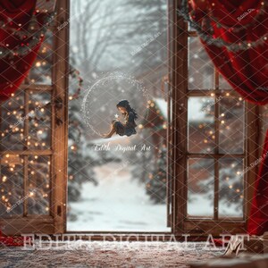 May include: A digital backdrop featuring a window with a view of a snowy winter scene. The window is framed by red curtains with Christmas lights. A small girl figurine is sitting in a circle of light in the window.