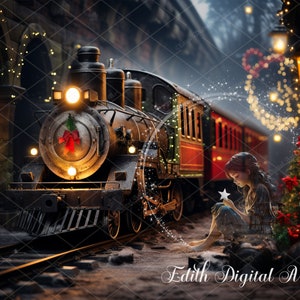 Christmas Digital Backdrop Photography, Polar Express Train Digital Background, Enchanted Backdrop for Kids, Nort Pole Train Train Station 3