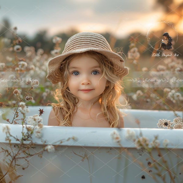 Bathtub Digital Backdrop Photography Composite, Nature Spring Background, Toddler Photo Portrait, Meadow, Summer, Wildflower Field. Download