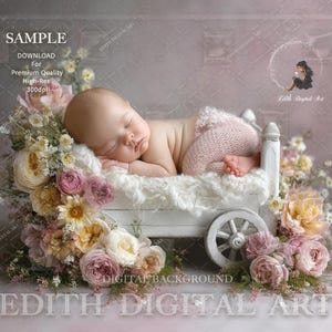 Newborn Digital Backdrop, Spring Flower White Bed Digital Prop, Studio Background Composite, Easter Baby Photo, Photoshop Overlay Download.