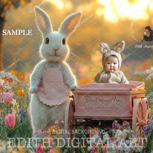 May include: A white rabbit wearing a pink apron stands in a field of flowers with a pink wagon. A baby wearing a brown bunny costume sits in the wagon. The wagon has the text "Bauttaputive /bin" and "avalotelines Pitectes" on the side.