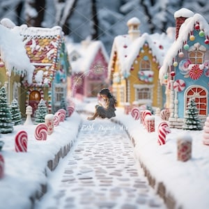 Christmas Digital Backdrop, Snowy Gingerbread Road At Christmas Village Background, Fun Christmas Photo Backdrop Digital. Free Snow Overlay.