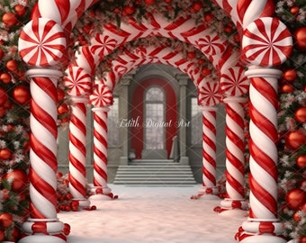 Weihnachten Digitaler Hintergrund Fotografie, verzauberte süße Candycane Road Hintergrund, Fantasy Weihnachten Overlay Vorlage für Kinder Porträts