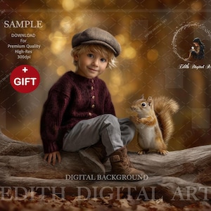 May include: A child in a burgundy sweater and grey trousers sits on a log with a squirrel. The image has a warm, autumnal colour palette. The text "SAMPLE" and "GIFT" are visible.