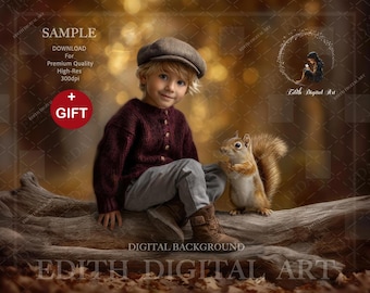 Autumn Digital Backdrop,  Fall Forest Animal Background Photo Composite, Fine Art Outdoors Photoshoot,  Tree Log Bench, Instant Download