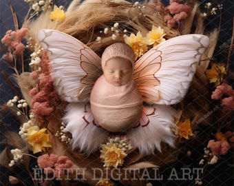 Newborn Digital Backdrop Photography, Baby Butterfly Face Insert Digital Background for Girl, Add face Photo Prop Composite, Floral Backdrop