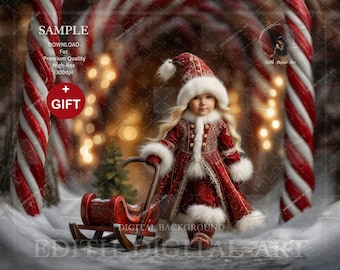 Peppermint Christmas Digital Backdrop, Sleigh With Pine Tree Digital Background Photo Composite For Kids & Pets, + Snow Photoshop Overlay