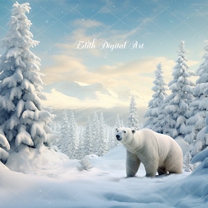 May include: A white polar bear stands in a snowy forest with tall, snow-covered pine trees. The background features a mountain range and a blue sky with falling snow.