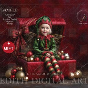 May include: A young child dressed as an elf sits inside a red treasure chest filled with Christmas ornaments. The child wears a green outfit with red accents, striped stockings, and fairy wings. The image has text that says "SAMPLE" and "GIFT".