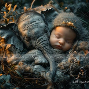 Może przedstawiać: Dziecko w szarym dzianinowym czapce śpi spokojnie z szarym małym słoniem. Dziecko i słoń są zagnieżdżone w łóżku z miękkiego, brązowego i beżowego materiału. Tło to rozmyte zdjęcie zielonych liści.