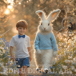 May include: A young boy in a white shirt with a blue bow tie and blue shorts stands in a field of flowers with a white rabbit wearing a blue sweater. The rabbit has long ears and a fluffy white tail.