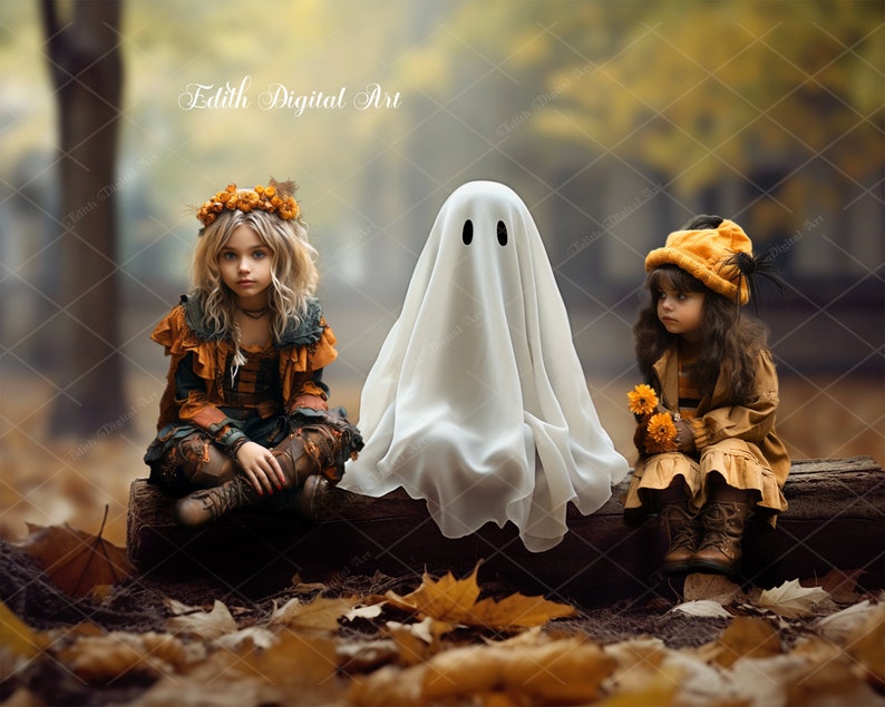 May include: Two children dressed in fall-themed costumes sit on a log in a forest setting. One child wears a yellow and brown dress with a flower crown and the other wears a yellow dress with a brown hat. A white ghost figure sits between them.
