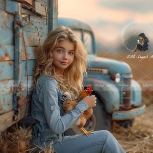 May include: A young girl with long blonde hair is sitting next to a vintage blue truck. She is holding a red rooster in her hands. The truck is parked in a field of dry grass.