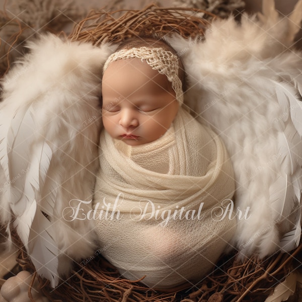 Newborn Digital Backdrop Photography, Face Insert Baby Angel on Nest Digital Background for Girl, Add face Photo Prop Composite Backdrop