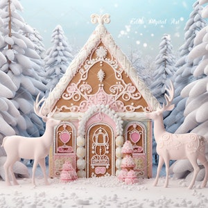 Christmas Digital Backdrop Photography, Snow Gingerbread House Background, Fantasy Candyland Christmas Overlay Backdrop for Kids, Toddlers.