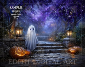 May include: A digital background featuring a spooky Halloween scene. A carved pumpkin with a glowing face sits near a stone staircase, with a ghost figure and lit lanterns. The scene is set in a mystical, purple-toned forest.