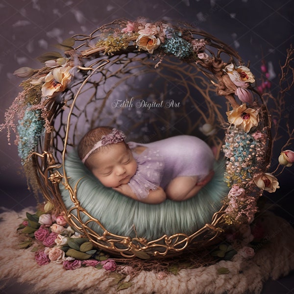 Newborn Wooden Bed Digital Backdrop Background, Floral Baby Crib, Newborn Composite Photography, Instant Download, Spring Photo Prop