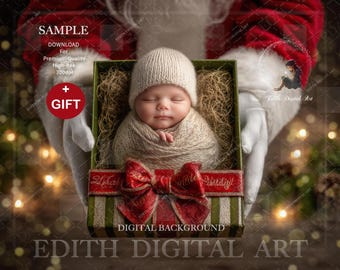 Weihnachten Neugeborene Digital Backdrop Fotografie, Babys erstes Weihnachten mit Santa's Halte-Geschenkbox für Baby Jungen oder Mädchen Porträt. Herunterladen