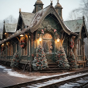May include: A charming, wooden, gingerbread-style house decorated for Christmas with wreaths, garlands, and small evergreen trees. The house has a porch with steps and is surrounded by snow.