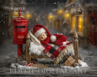 Fondo digital vintage navideño para recién nacidos, buzón de Papá Noel y accesorio de cama para recién nacidos o mascotas, fondo compuesto de fotos navideñas. Descarga.