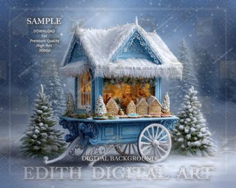 Christmas Candy Cart Digital Backdrop, Blue Gingerbread Stand,  Winter Wonderland Scene, Holiday Studio Photography Background Photoshoot.