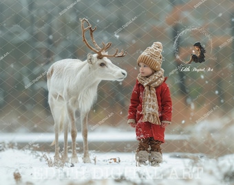Christmas Backdrop Digital Composite, Santa's  Reindeer, Winter Woodland, Snow Forest, Xmas Digital Background photo Portrait for Toddlers