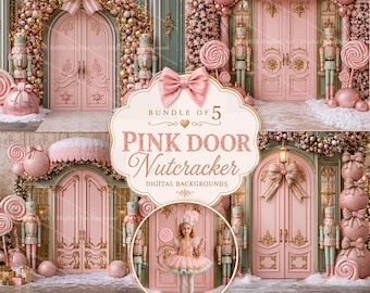 Pink Christmas Digital Backdrop Bundle of 5 Nutcracker Door,  Peppermint Candyland  Photography Composite, Instant Download