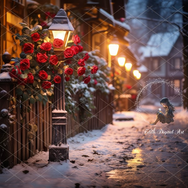 Valentine's Digital Backdrop Photography, Love Digital Background, Romantic Snow Street  Background Composite, Digital Download Print