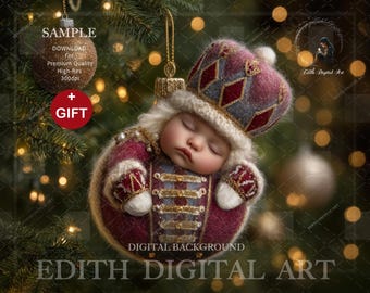 Nutcracker Ornament Digital Backdrop For Newborn Face Insert, Baby's First Christmas Photography, Faceless Baby Girl Photo, Downloadable