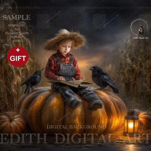 May include: A child in a straw hat and overalls reads a book while sitting on a large pumpkin. Two black crows perch nearby. A lit lantern and a smaller pumpkin are in the foreground. The words "SAMPLE" and "GIFT" are visible.