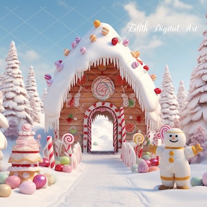 Weihnachten Digitaler Hintergrund Fotografie, Fantasy Lebkuchen Candycane Dorf Hintergrund, Fantasy Weihnachten Overlay Vorlage für Kinder.